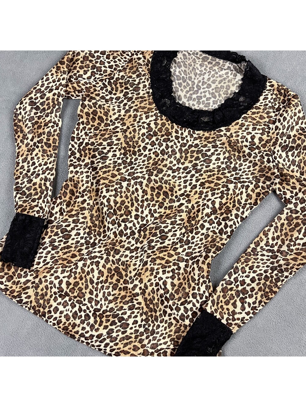 Y2K Leopard Mesh Top, Long Sleeve with Black Lace Trim